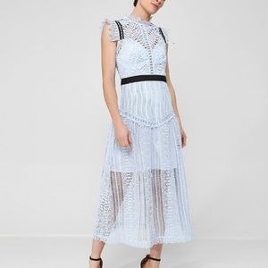 ORANGE JUICE Light Blue Lace Black Ribbon Short Sleeve Midi Dress Large NWT